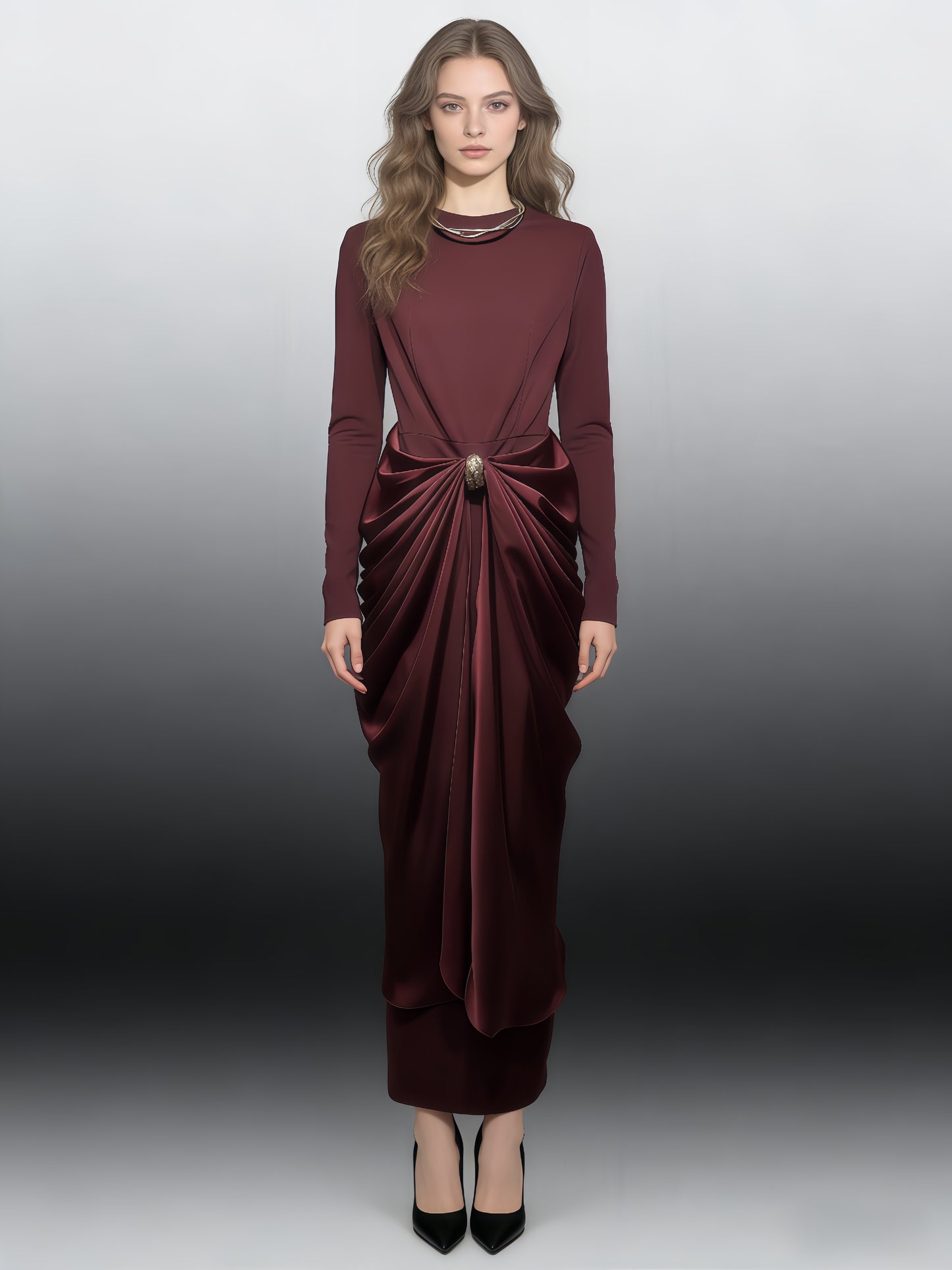 Wine Red Ruched Fitted Midi Dress