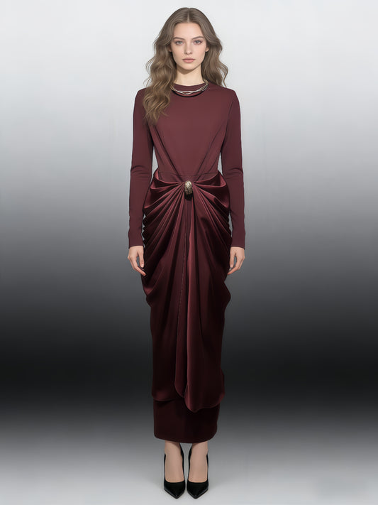Wine Red Ruched Fitted Midi Dress