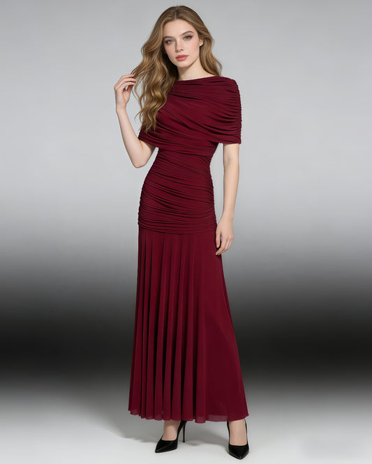 Wine Red Ruched Waist Draped Maxi Dress