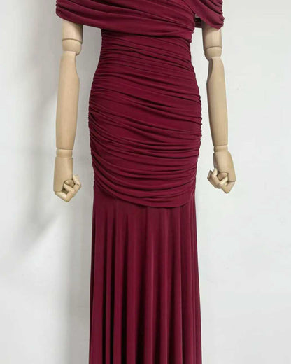 Wine Red Ruched Waist Draped Maxi Dress
