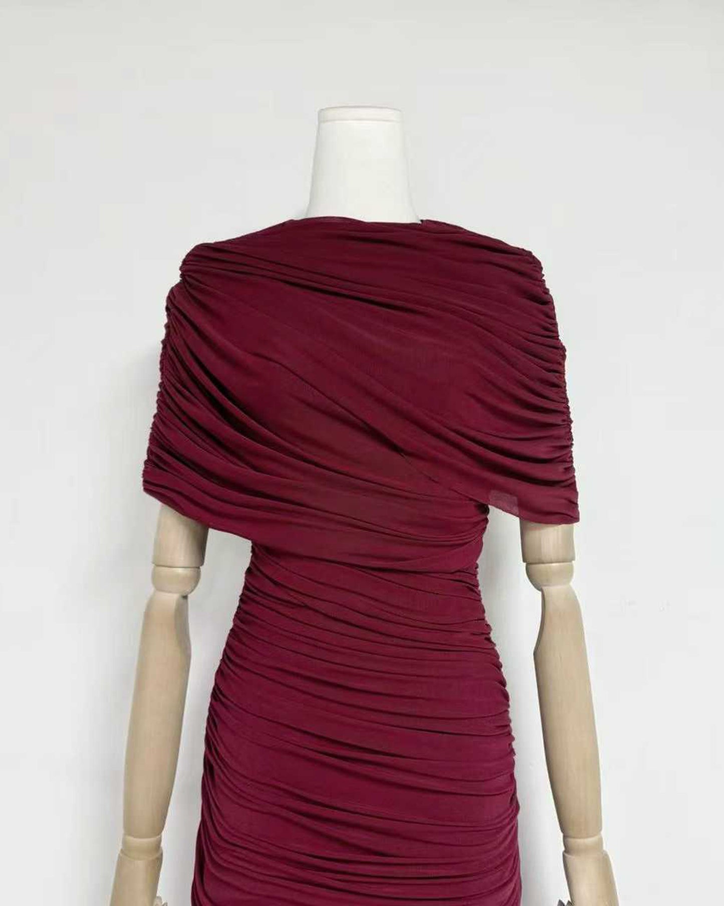 Wine Red Ruched Waist Draped Maxi Dress