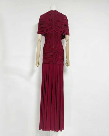 Wine Red Ruched Waist Draped Maxi Dress