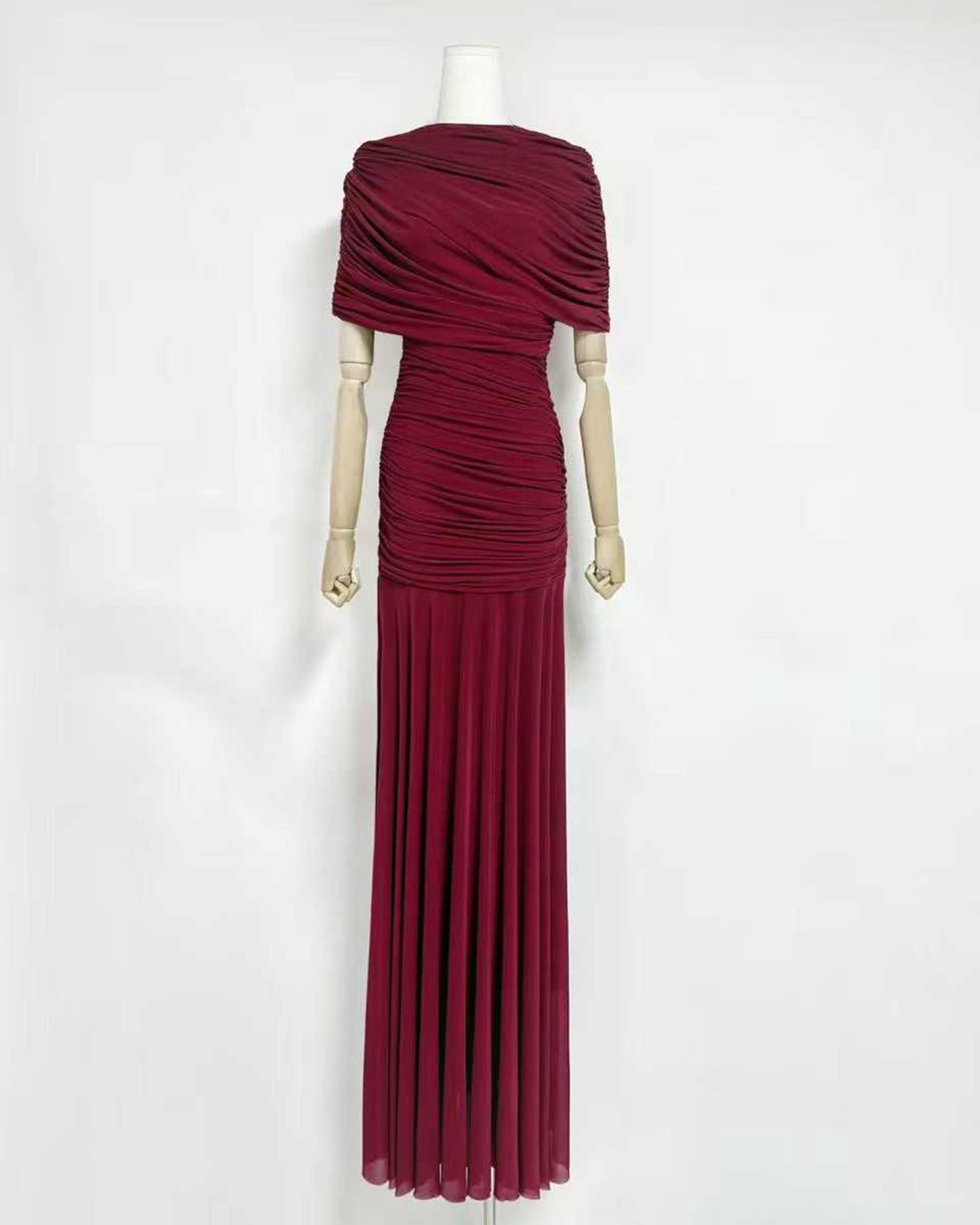 Wine Red Ruched Waist Draped Maxi Dress