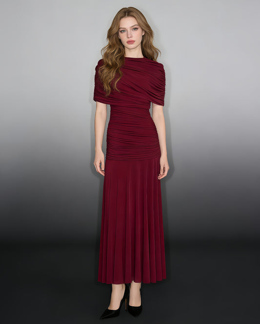 Wine Red Ruched Waist Draped Maxi Dress