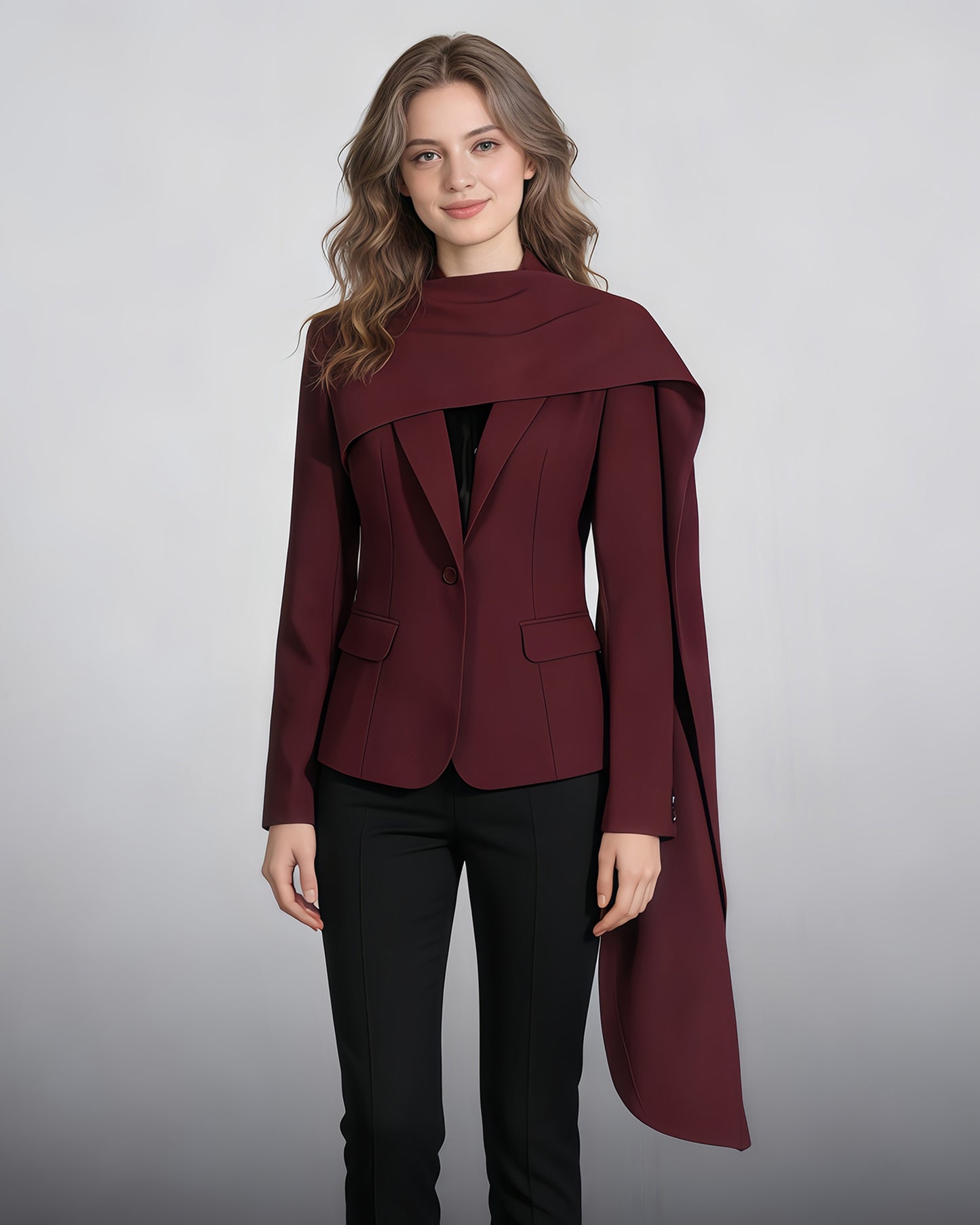 Wine Red Scarf V-neck Blazer