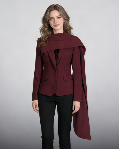 Wine Red Scarf V-neck Blazer