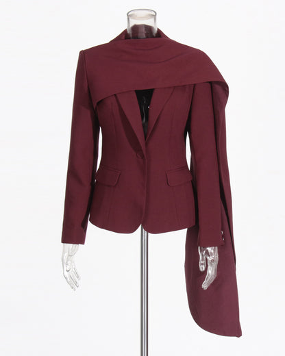 Wine Red Scarf V-neck Blazer
