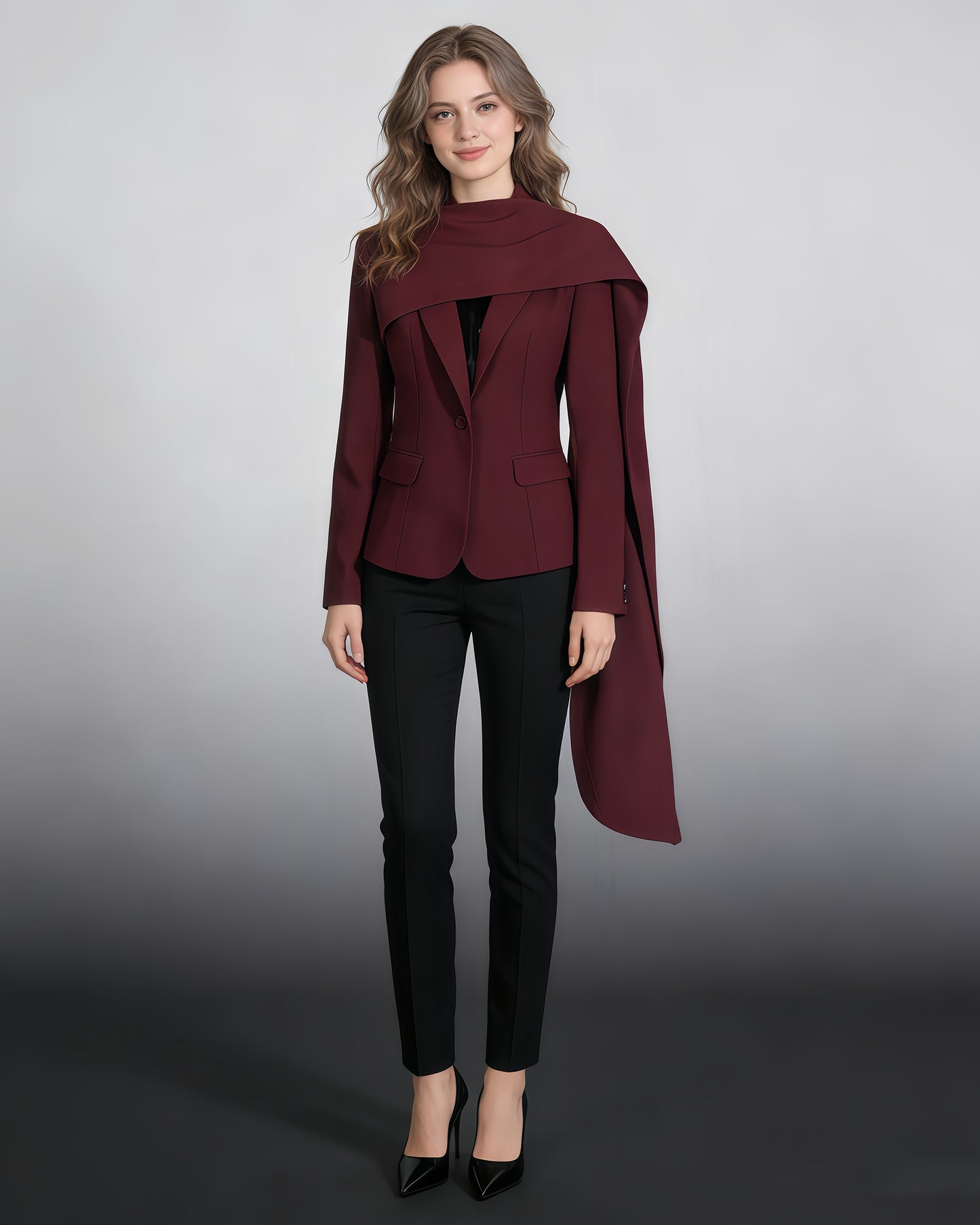 Wine Red Scarf V-neck Blazer