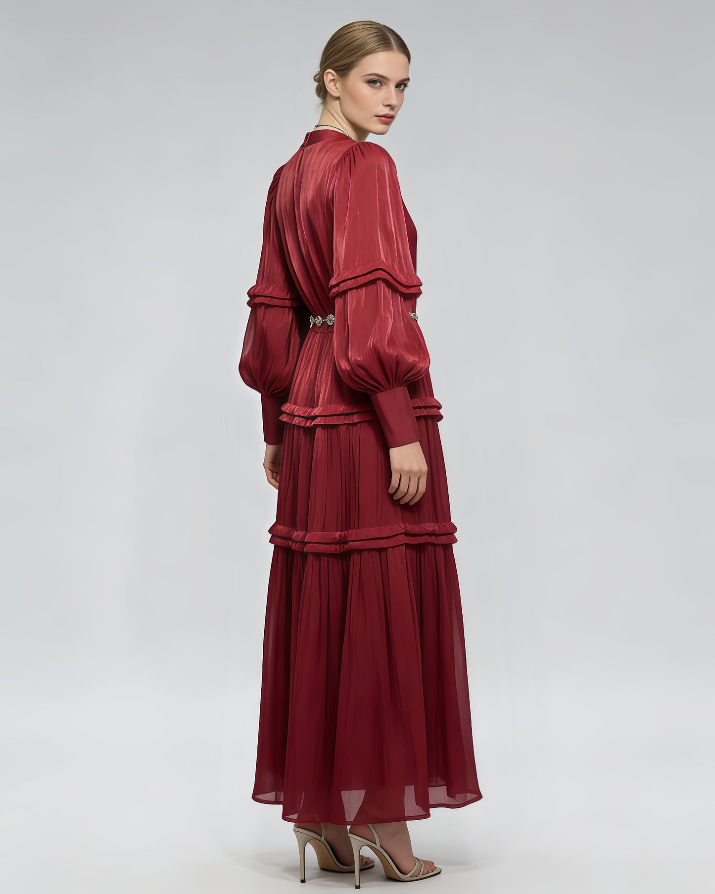 Wine Red Shiny Lantern Sleeve Tiered Maxi Dress