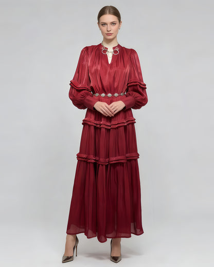 Wine Red Shiny Lantern Sleeve Tiered Maxi Dress