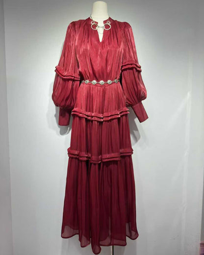 Wine Red Shiny Lantern Sleeve Tiered Maxi Dress