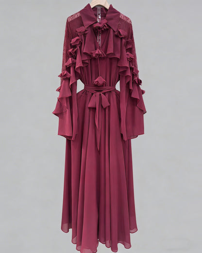 Wine Red Shirt Collar Ruffled Shiny Maxi Dress