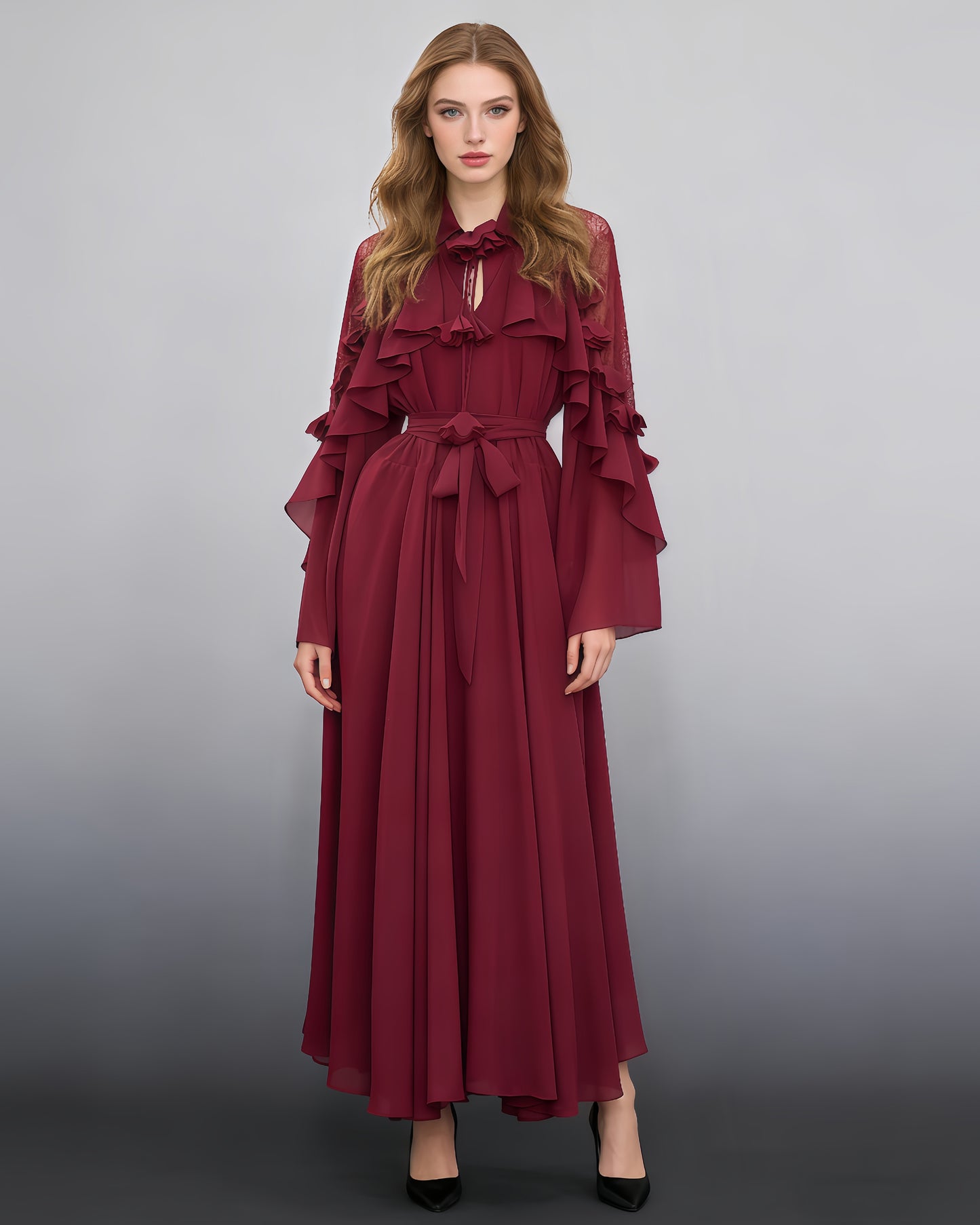 Wine Red Shirt Collar Ruffled Shiny Maxi Dress