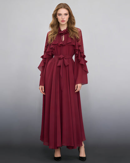 Wine Red Shirt Collar Ruffled Shiny Maxi Dress