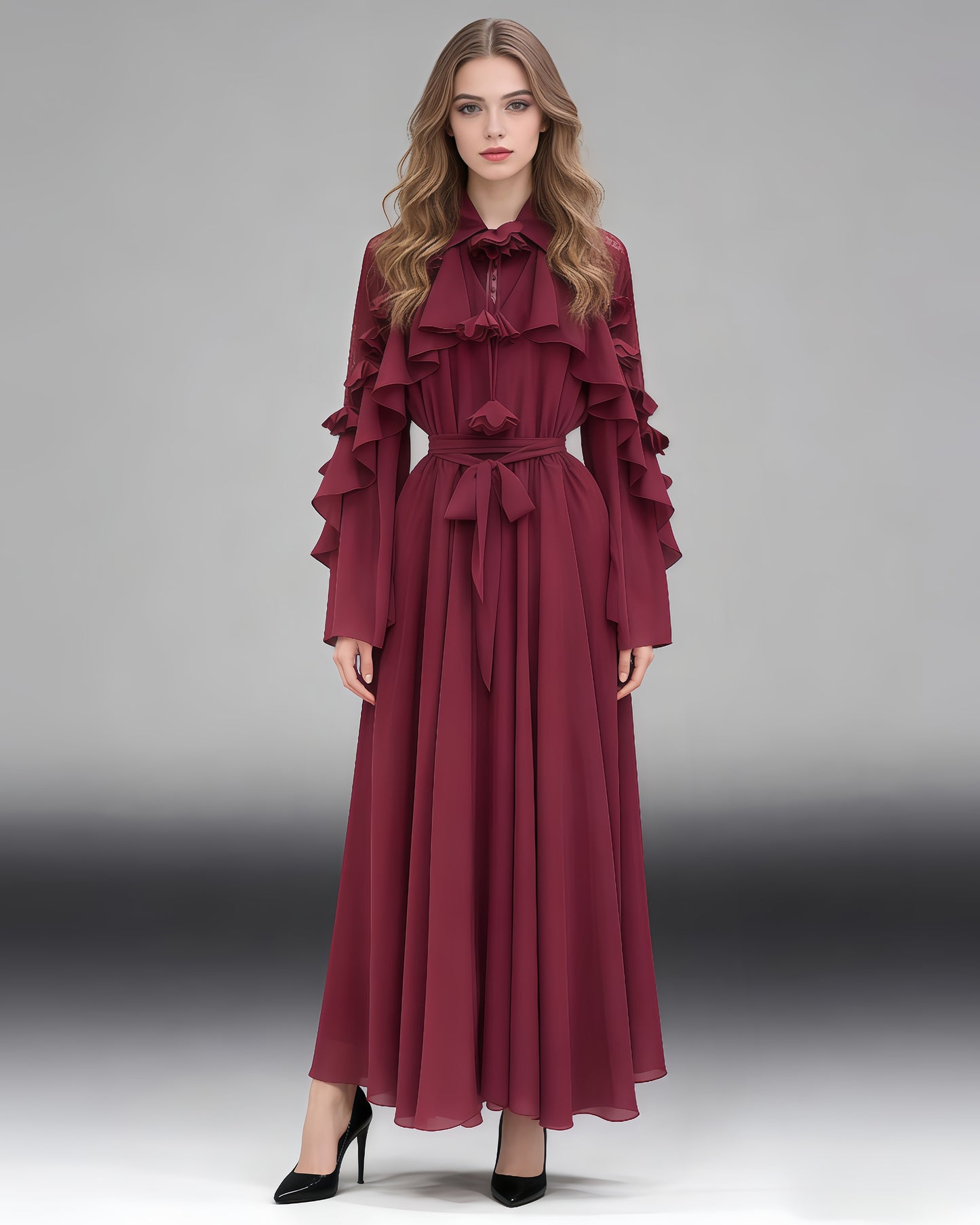 Wine Red Shirt Collar Ruffled Shiny Maxi Dress