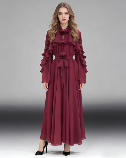 Wine Red Shirt Collar Ruffled Shiny Maxi Dress