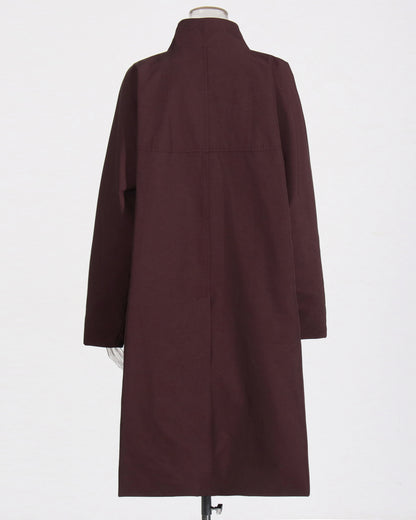 Wine Red Stand-Collar Longline Coat with Button Front