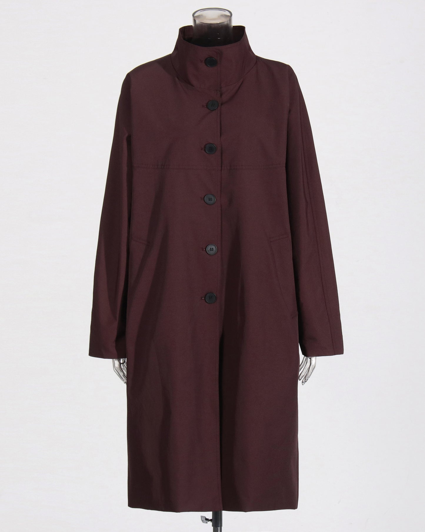 Wine Red Stand-Collar Longline Coat with Button Front