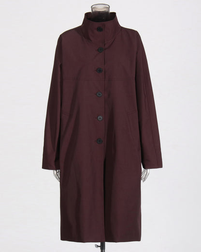 Wine Red Stand-Collar Longline Coat with Button Front