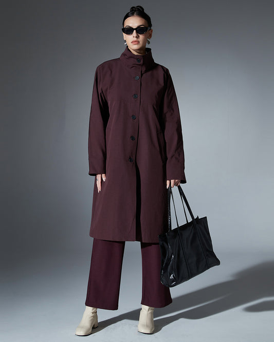 Wine Red Stand-Collar Longline Coat with Button Front
