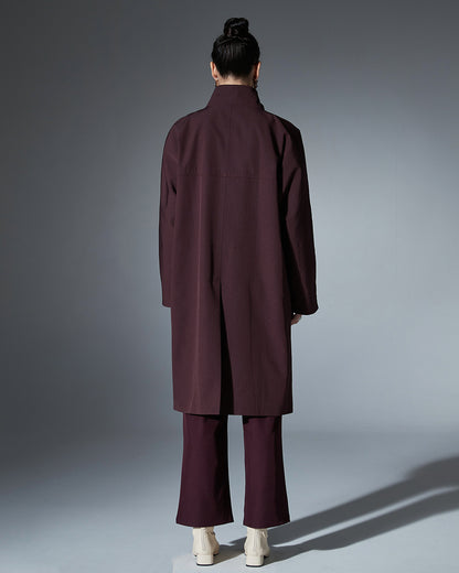 Wine Red Stand-Collar Longline Coat with Button Front
