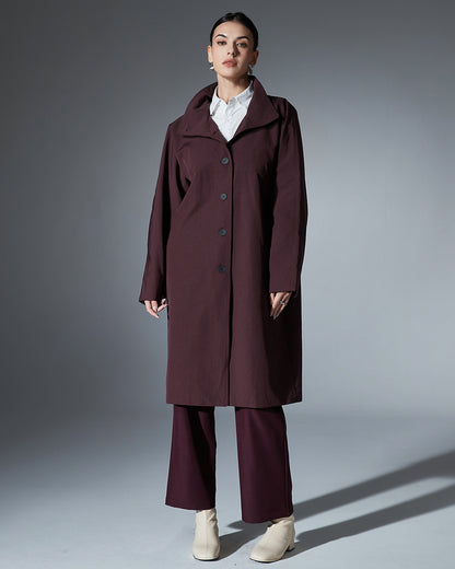 Wine Red Stand-Collar Longline Coat with Button Front