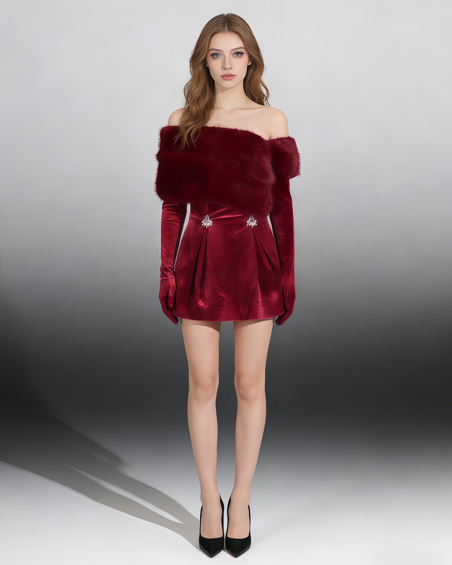 Wine Red Velvet Dress with Fur Collar & Crystal Accents