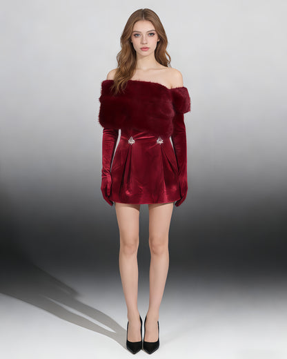 Wine Red Velvet Dress with Fur Collar & Crystal Accents