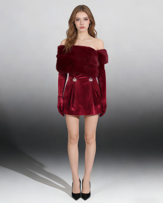 Wine Red Velvet Dress with Fur Collar & Crystal Accents