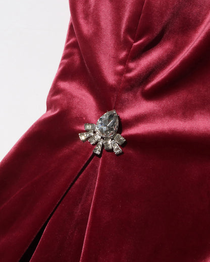 Wine Red Velvet Dress with Fur Collar & Crystal Accents