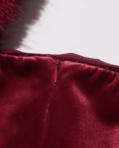 Wine Red Velvet Dress with Fur Collar & Crystal Accents