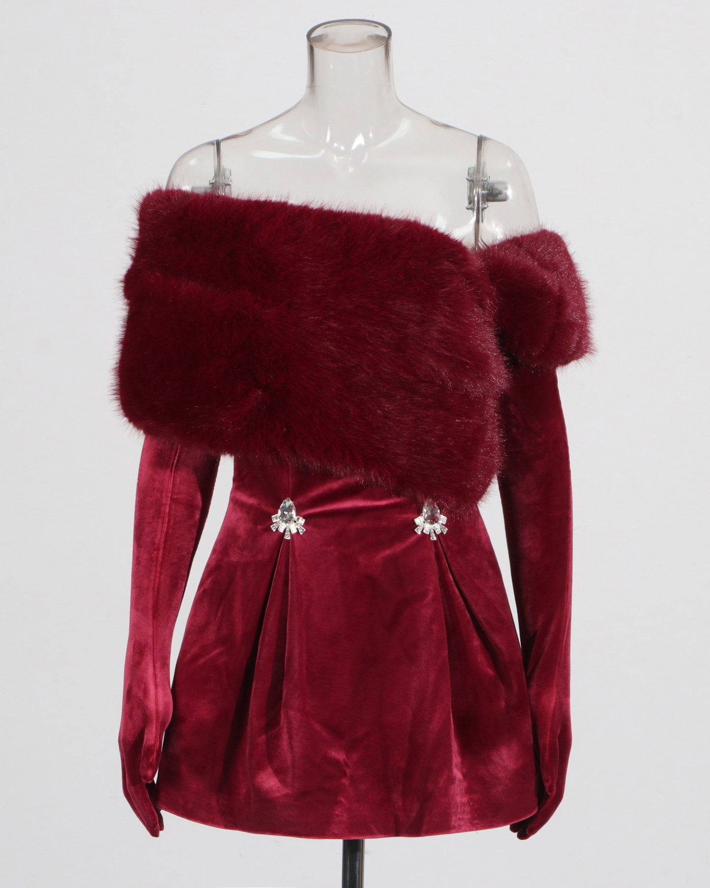 Wine Red Velvet Dress with Fur Collar & Crystal Accents
