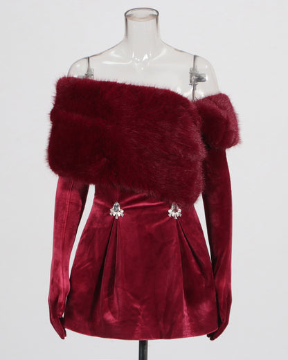 Wine Red Velvet Dress with Fur Collar & Crystal Accents