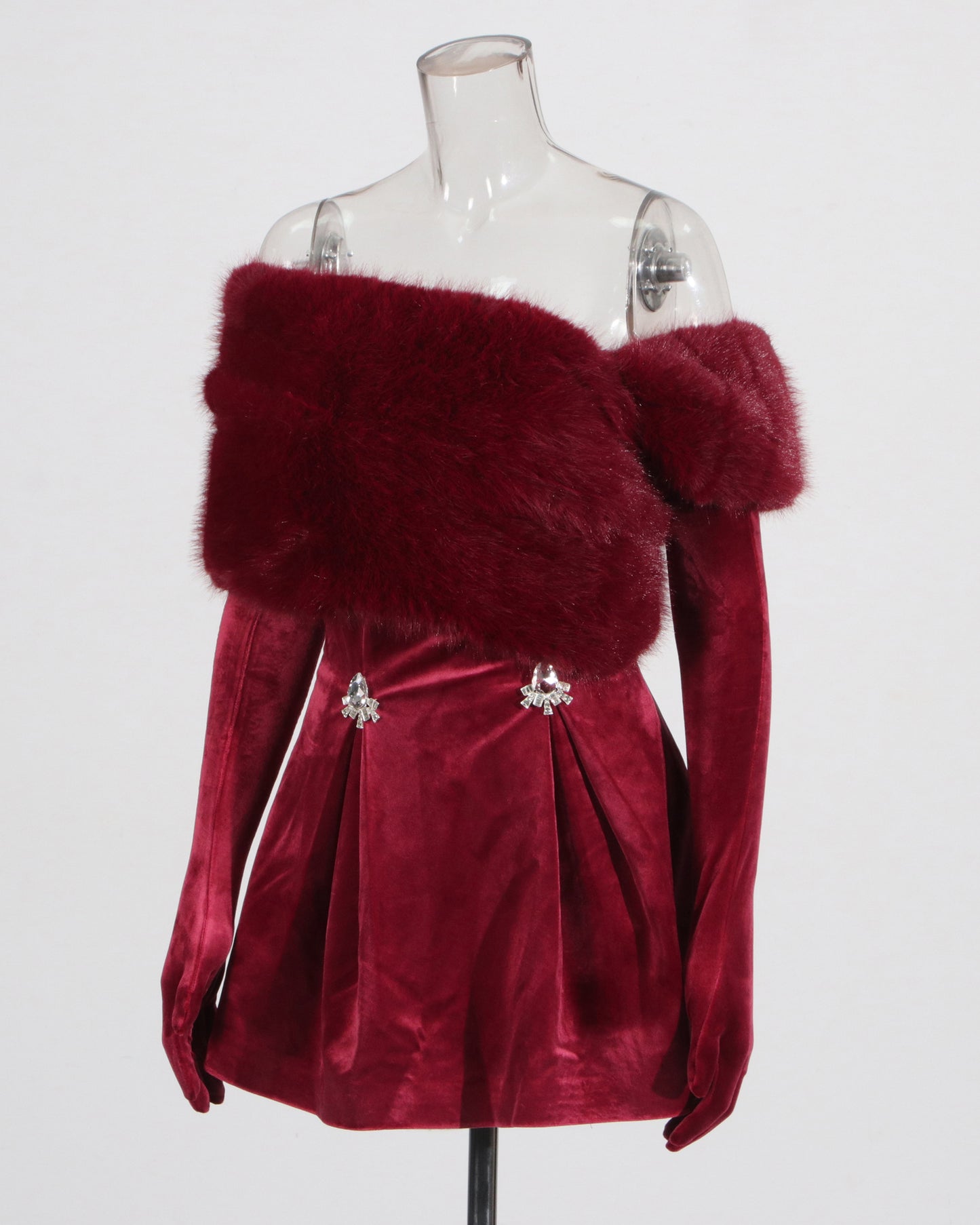 Wine Red Velvet Dress with Fur Collar & Crystal Accents