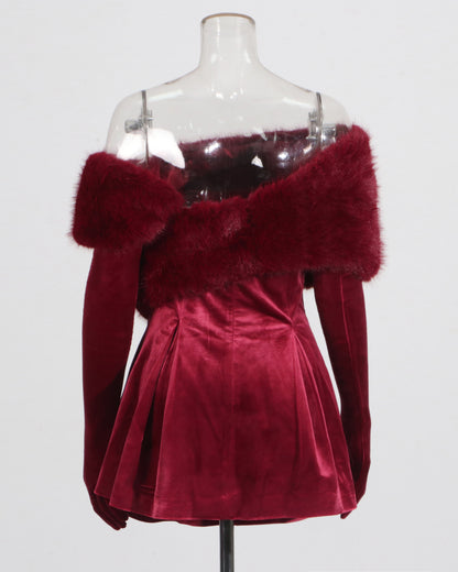 Wine Red Velvet Dress with Fur Collar & Crystal Accents