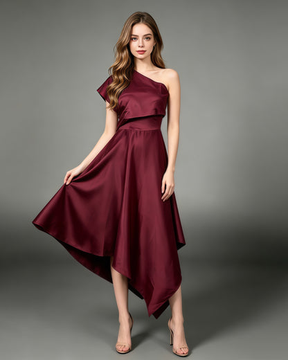 Winered Satin Asymmetrical Off One Shoulder Dress