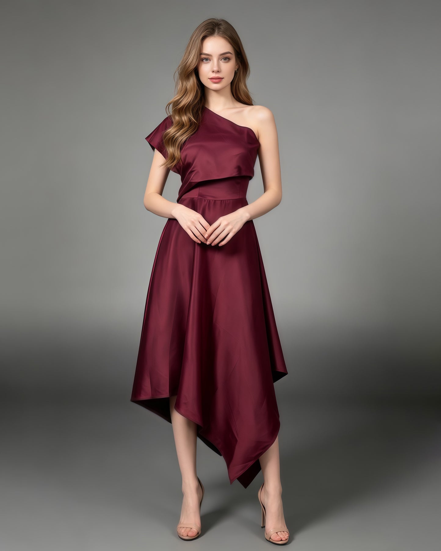 Winered Satin Asymmetrical Off One Shoulder Dress
