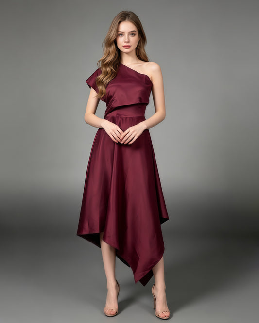 Winered Satin Asymmetrical Off One Shoulder Dress