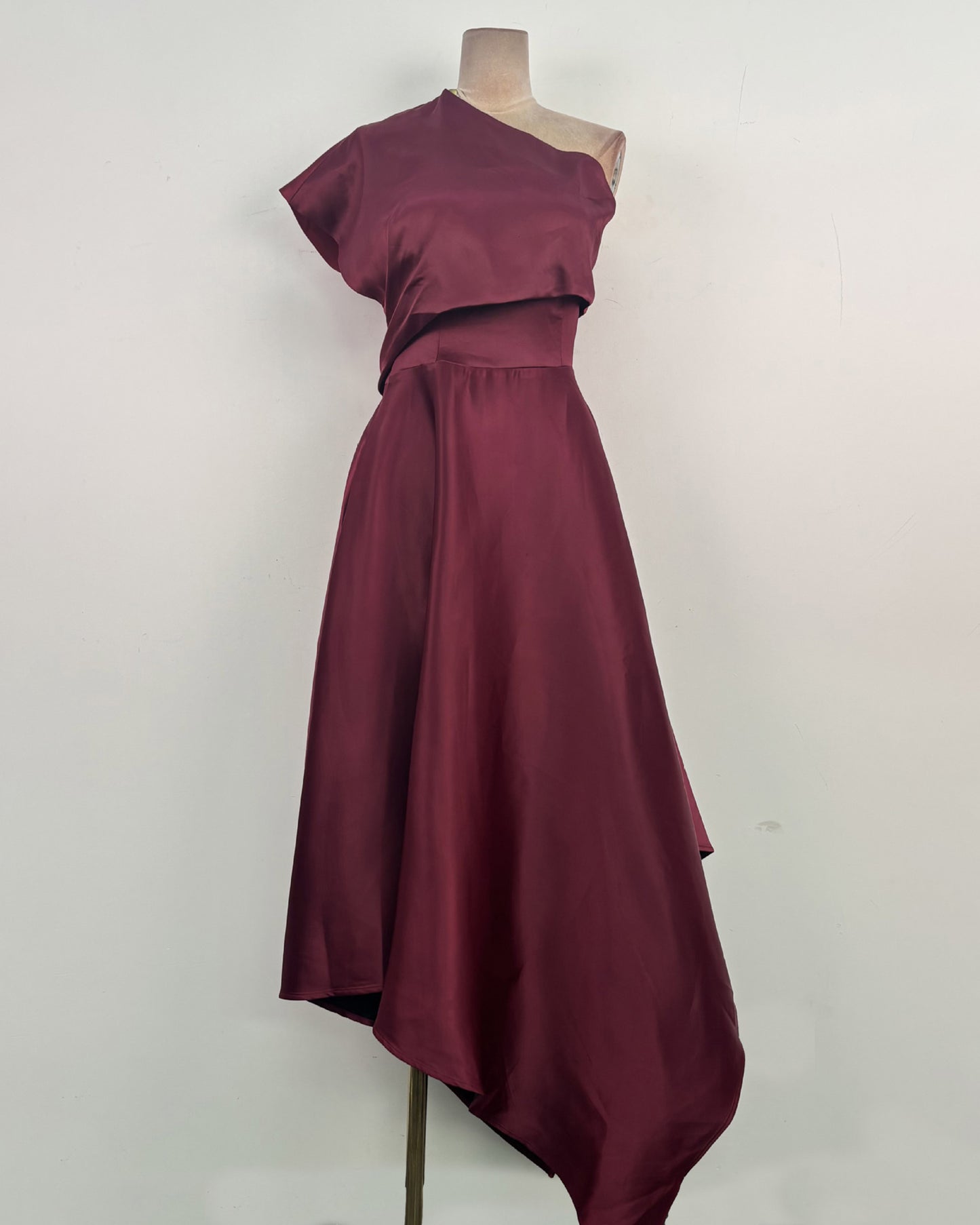 Winered Satin Asymmetrical Off One Shoulder Dress