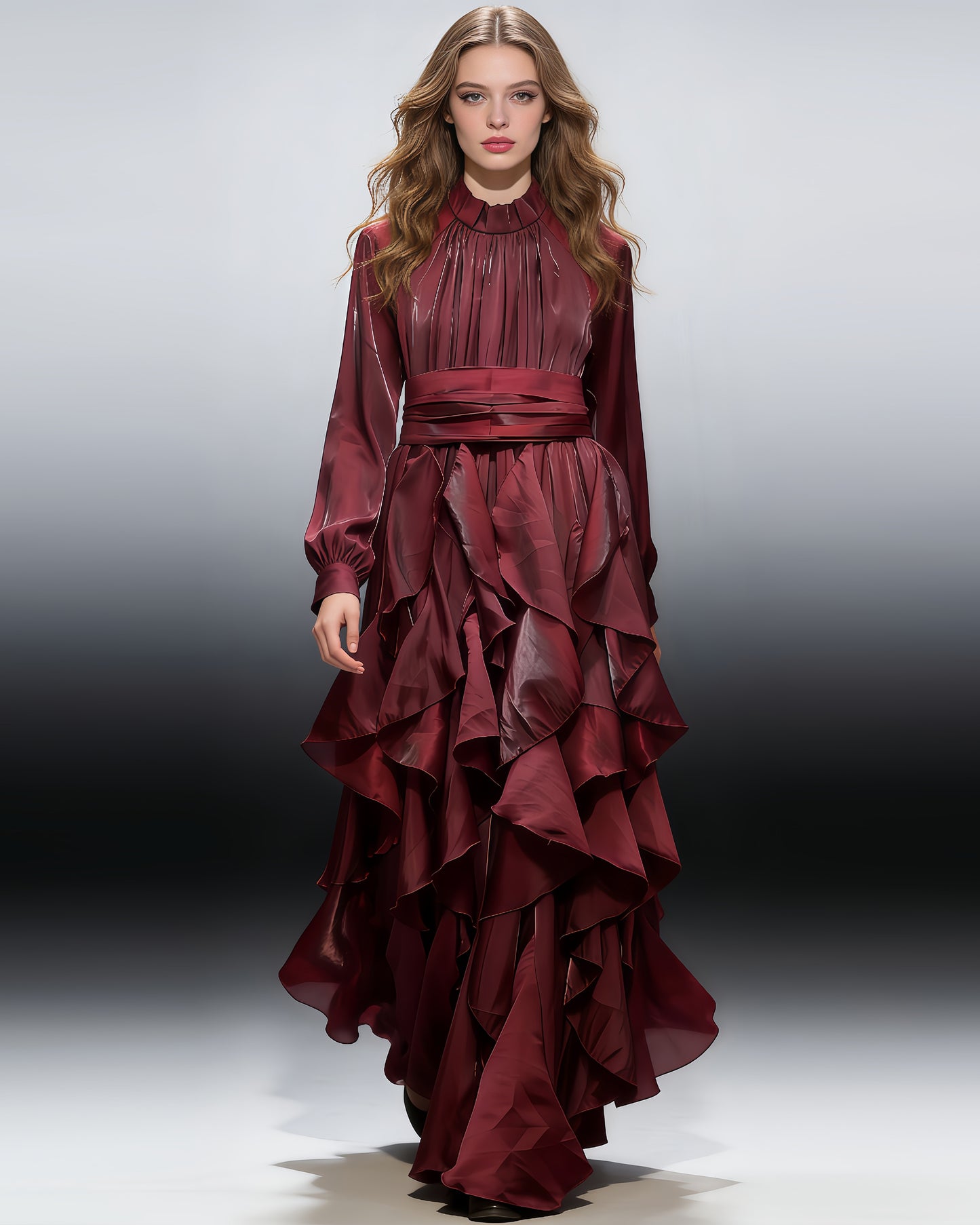 Winered Shiny Ruffled Maxi Dress with High Neck & Tie Cuffs