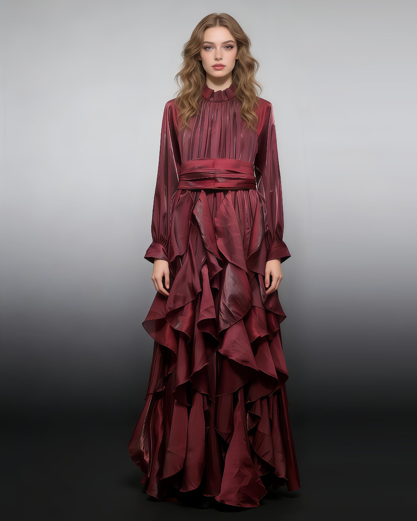 Winered Shiny Ruffled Maxi Dress with High Neck & Tie Cuffs