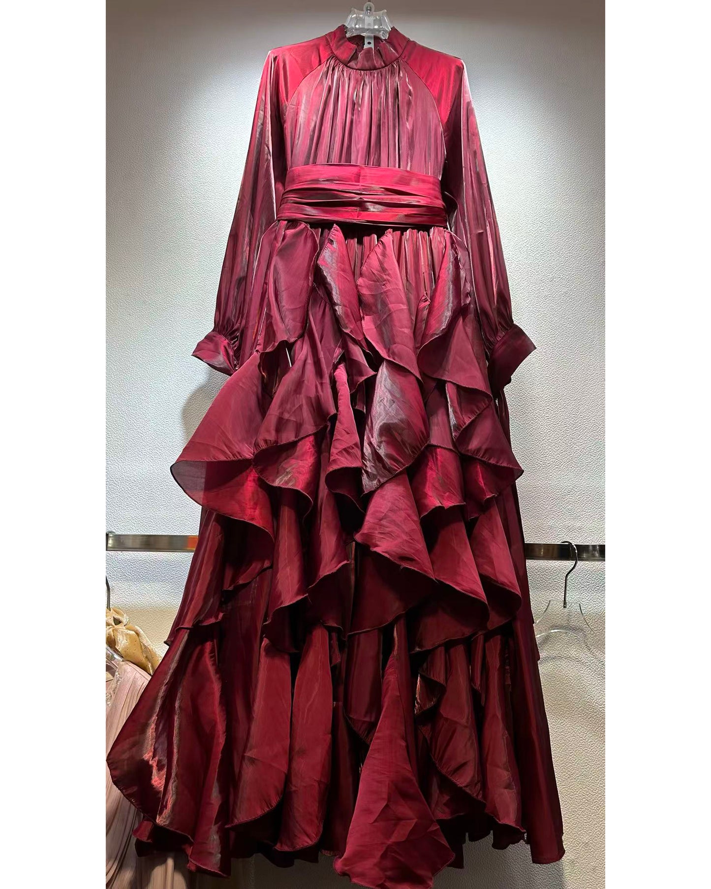 Winered Shiny Ruffled Maxi Dress with High Neck & Tie Cuffs