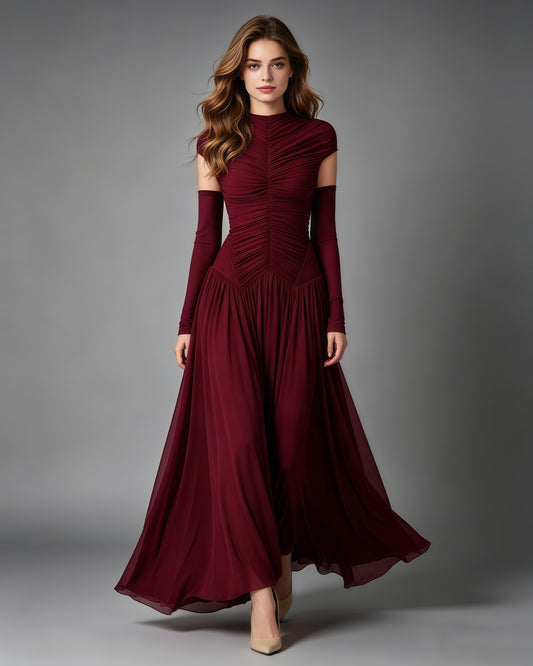 Winered Stand Collar Ruched Maxi Dress