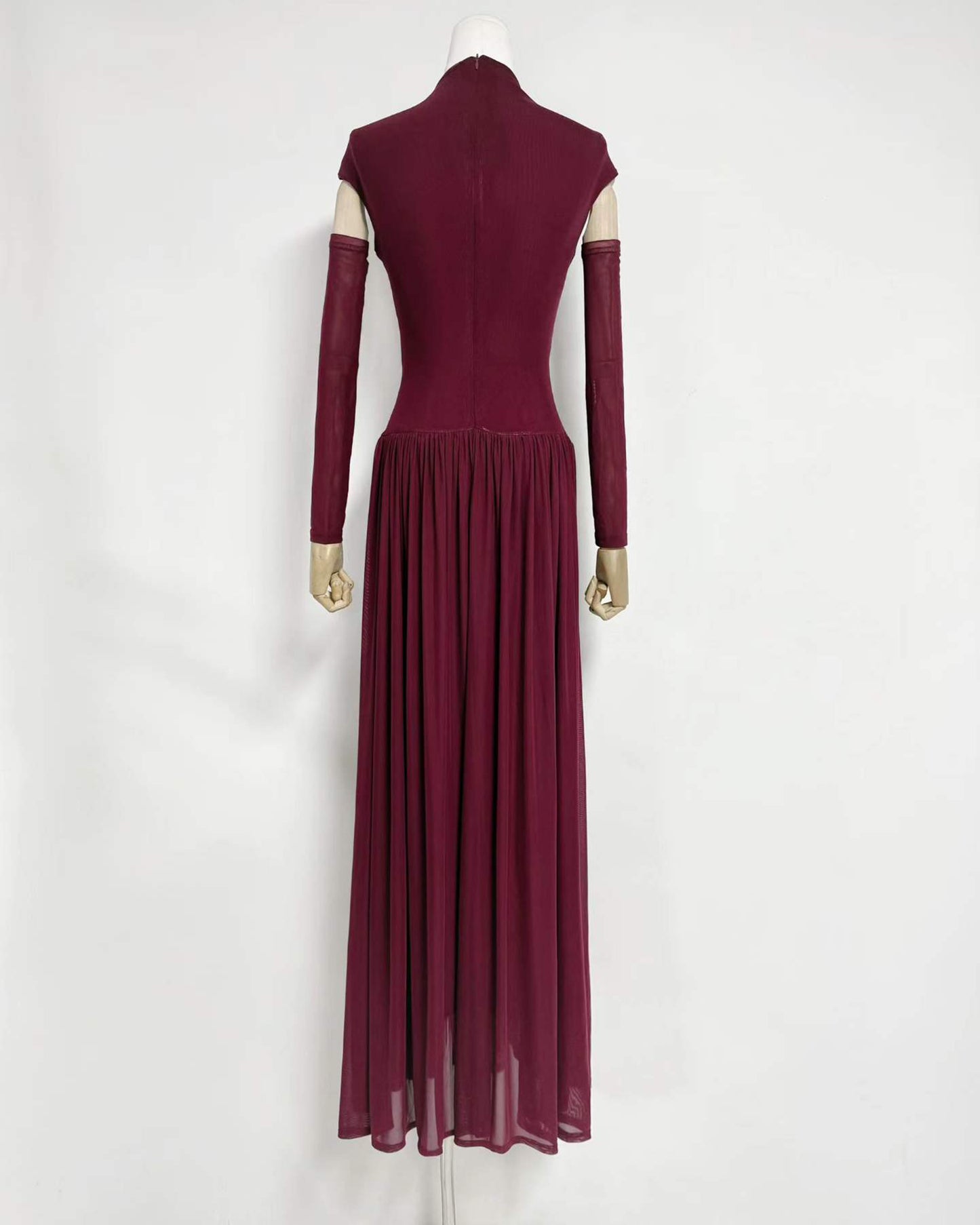 Winered Stand Collar Ruched Maxi Dress
