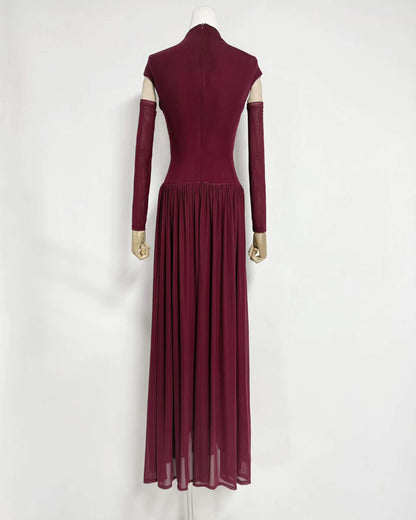 Winered Stand Collar Ruched Maxi Dress