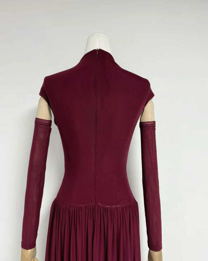 Winered Stand Collar Ruched Maxi Dress