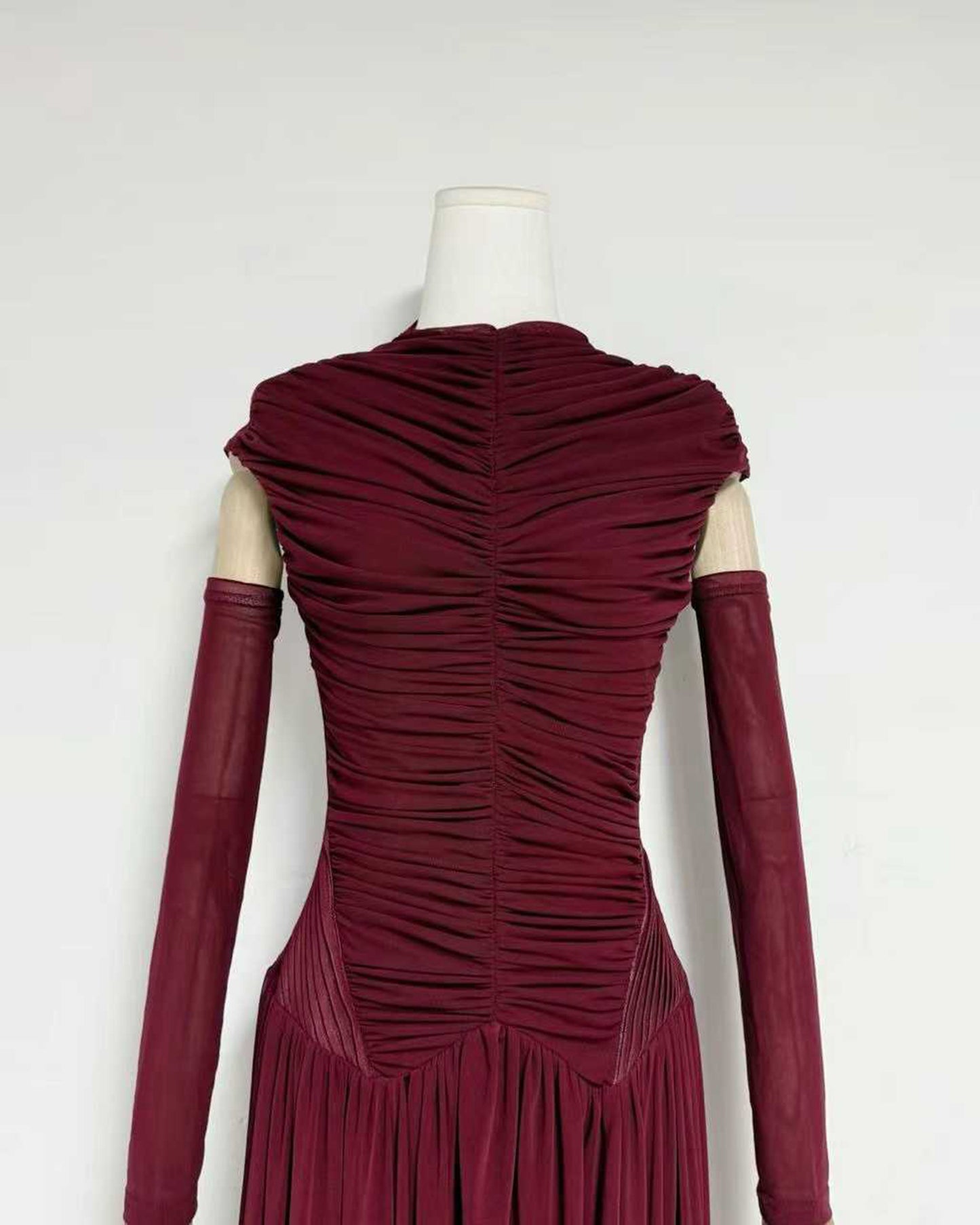 Winered Stand Collar Ruched Maxi Dress
