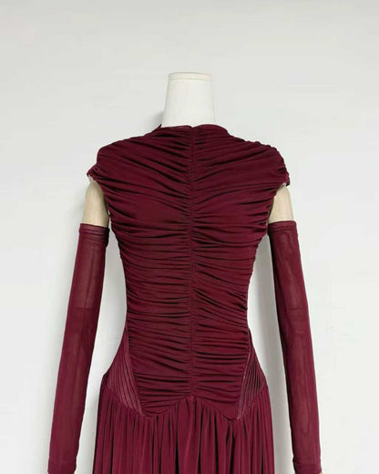 Winered Stand Collar Ruched Maxi Dress