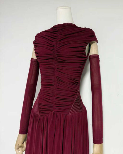 Winered Stand Collar Ruched Maxi Dress