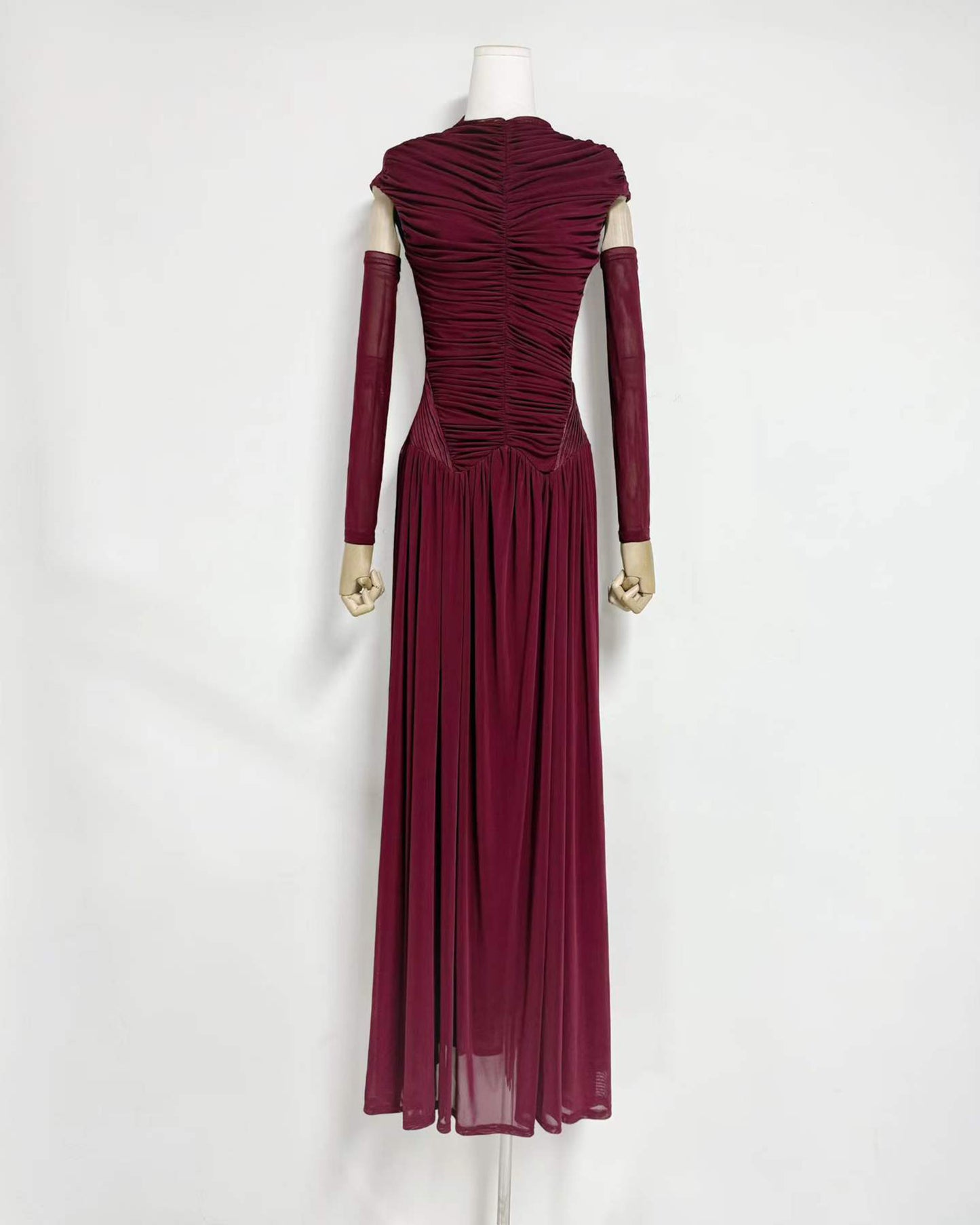 Winered Stand Collar Ruched Maxi Dress